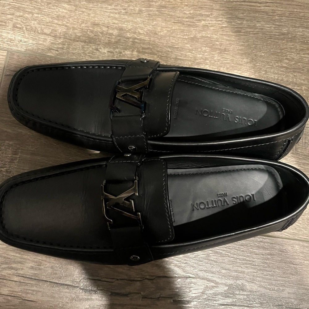 Louis Vuitton Black Leather Loafers with Metal Detail